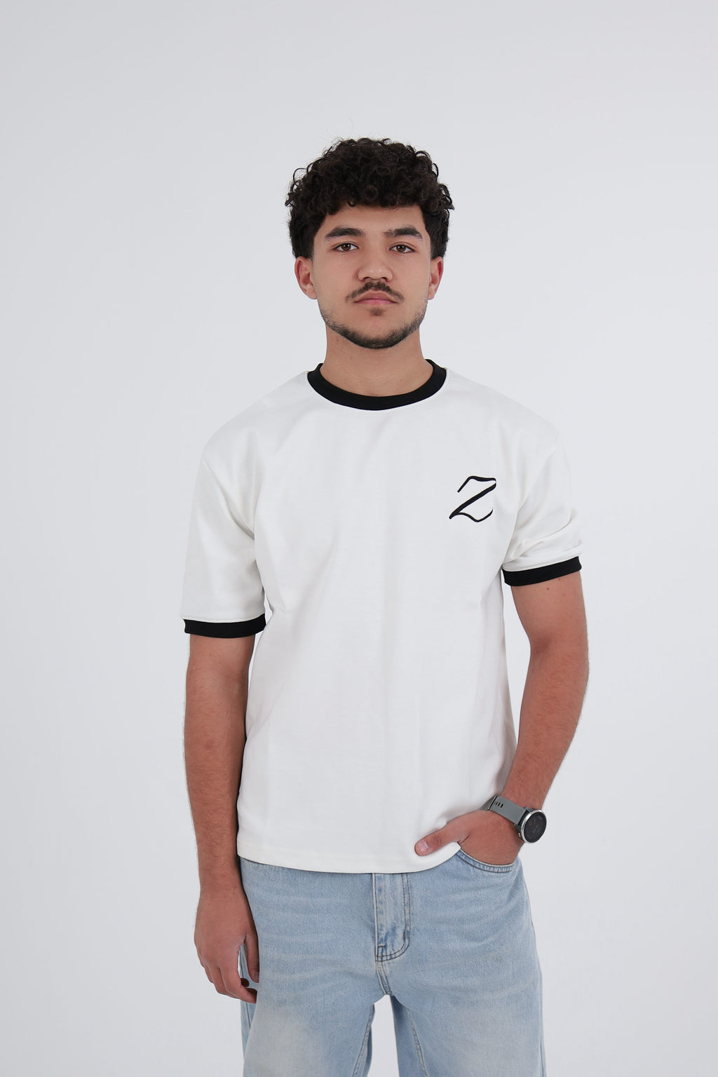 Zekra White Ringer T-shirt-Black Ringers