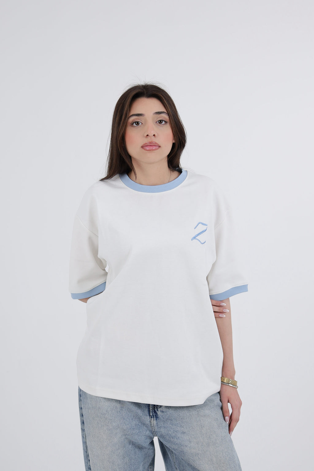 Zekra White Ringer T-shirt-Baby Blue Ringers