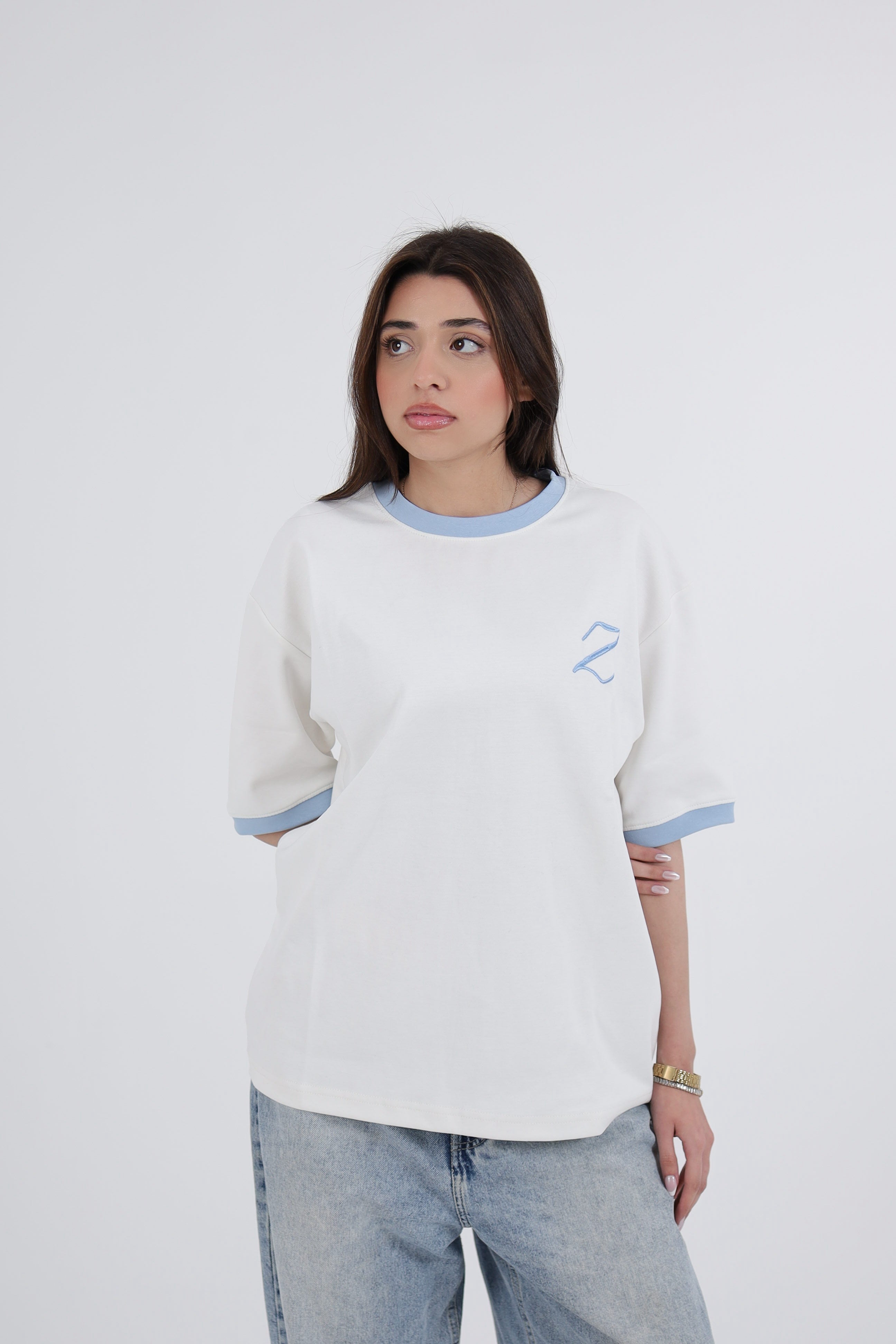 Zekra White Ringer T-shirt-Baby Blue Ringers